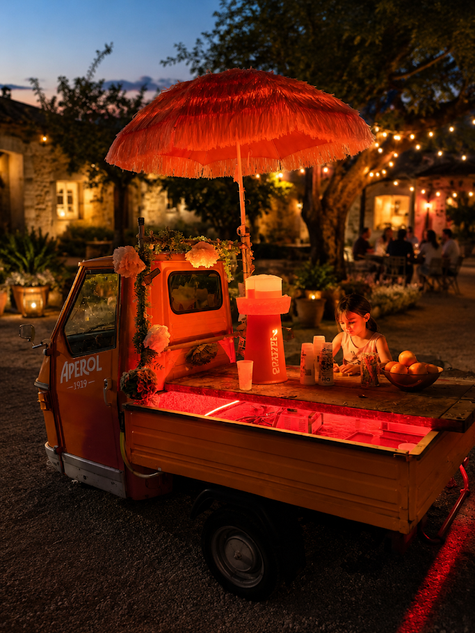 Beleuchtete Aperol-Ape mit Sonnenschirm und Baraufbau