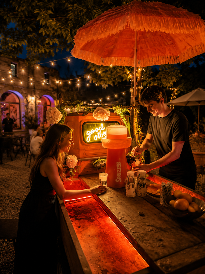 Gäste an der beleuchteten Ape-Bar bei einer Abendveranstaltung